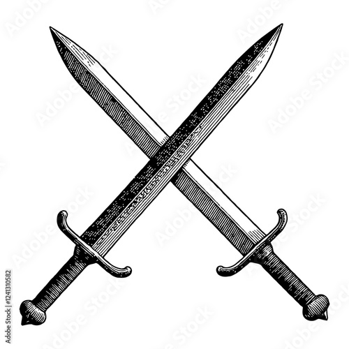 Two Crossed Sword Antique Hand Drawn Black and White Outline Line Art Drawing Illustration