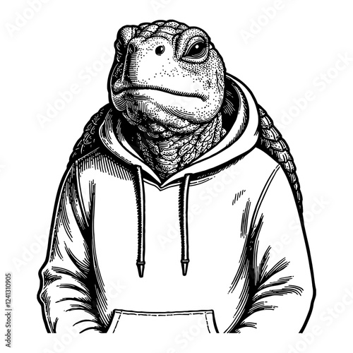 Turtle Humanoid Wearing Hoodie Detailed Black and White Outline Line Art Drawing Illustration