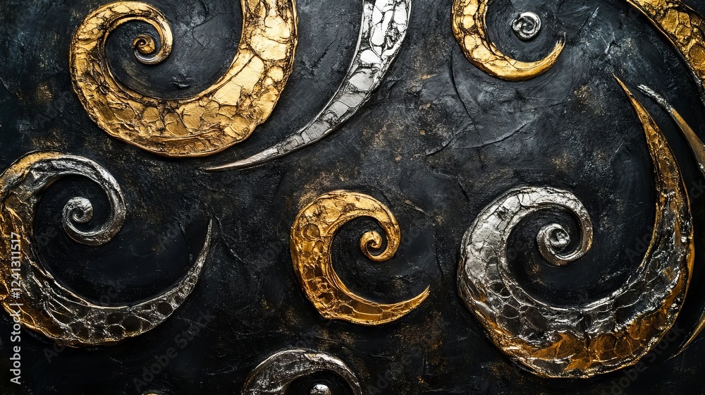Naklejka premium Artistic metal swirls in gold and silver on a textured black background create a striking visual design in contemporary decor