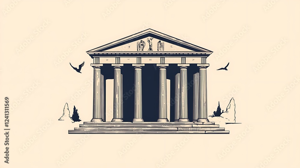 Obraz premium Ancient Greek temple illustration, vintage style, decorative background