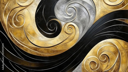 Intricate swirl patterns in gold, silver, and black showcase elegant design features in contemporary artwork