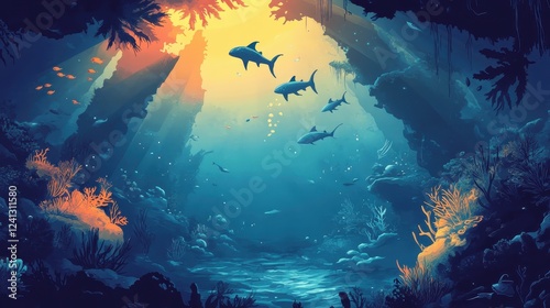 Sharks Swim in a Sunlit Underwater Coral Reef Scene