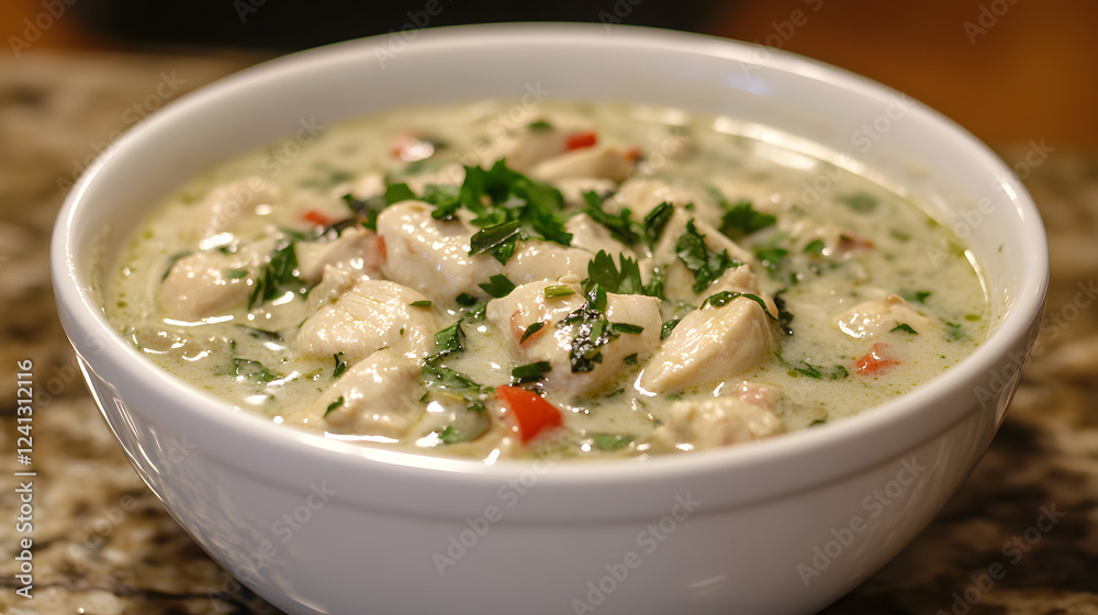 A Thai green curry with coconut milk, chicken, and Thai basil, blending the spicy, sweet, and aromatic flavors of Thailand. A Thai green curry with coconut milk, chicken, and Thai basil, blending the spicy, sweet, and aromatic flavors of Thailand.