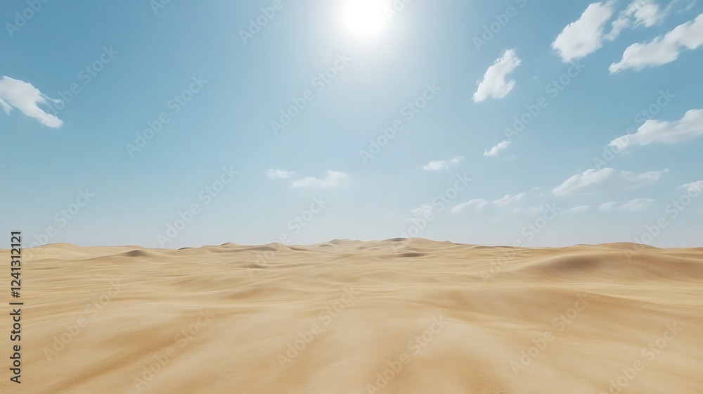 Expansive desert view under blue sky with rolling sand dunes and clouds Expansive desert view under blue sky with rolling sand dunes and clouds