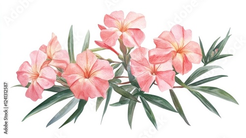 Delicate pink flowers with green leaves arranged beautifully on a white background