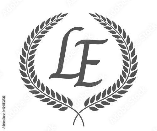 Initial letter L and E, LE monogram logo design with laurel wreath. Luxury calligraphy font.