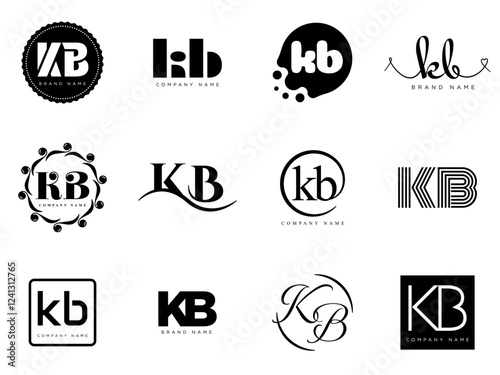 KB logo company template. Letter k and b logotype. Set different classic serif lettering and modern bold text with design elements. Initial font typography.