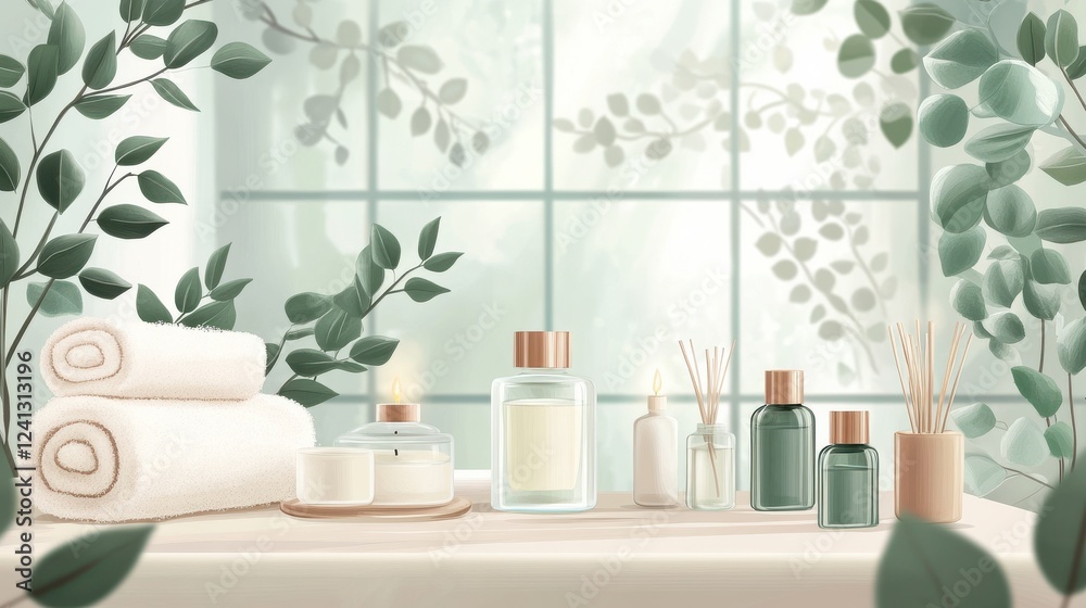 Elegant Spa Arrangement with Natural Elements and Fresh Towels Elegant Spa Arrangement with Natural Elements and Fresh Towels