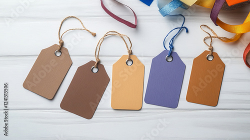 collection of gift tags various shapes and colors, perfect for adding personal touch to presents. These tags feature different textures and are complemented by colorful ribbons, enhancing any gift photo