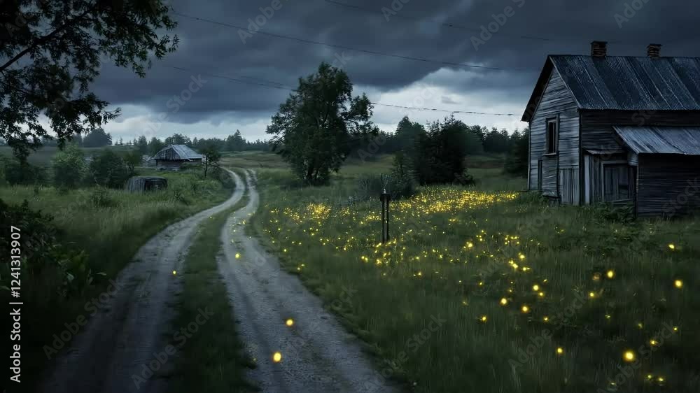 Fireflies Illuminate Rustic Farmhouse Path at Night Fireflies Illuminate Rustic Farmhouse Path at Night