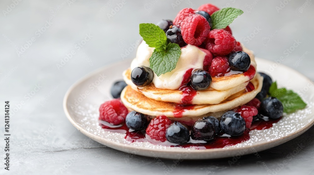 Delicious pancakes with berries and cream, breakfast, studio shot, food photography Delicious pancakes with berries and cream, breakfast, studio shot, food photography