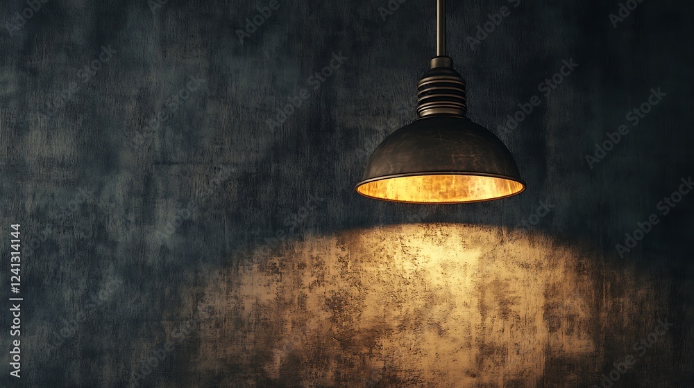 Industrial pendant lamp illuminates dark wall. Industrial pendant lamp illuminates dark wall.