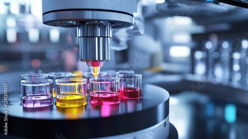 A closeup of a robotic spectrometer analyzing samples with laser beams focused on a colorful solution inside a rotating cuvette. The scene highlights the intersection of automation photo