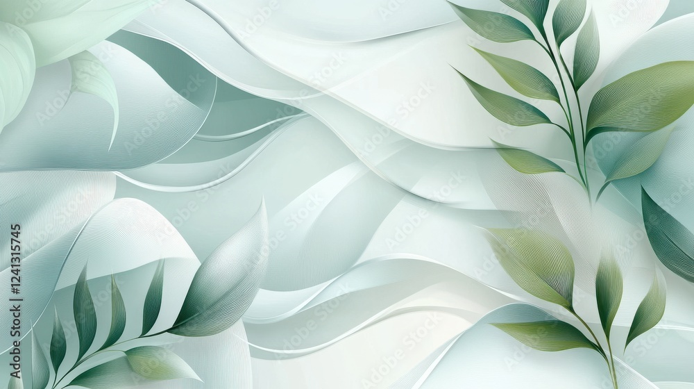 Abstract Wave Pattern with Green Leaves and Soft Textures