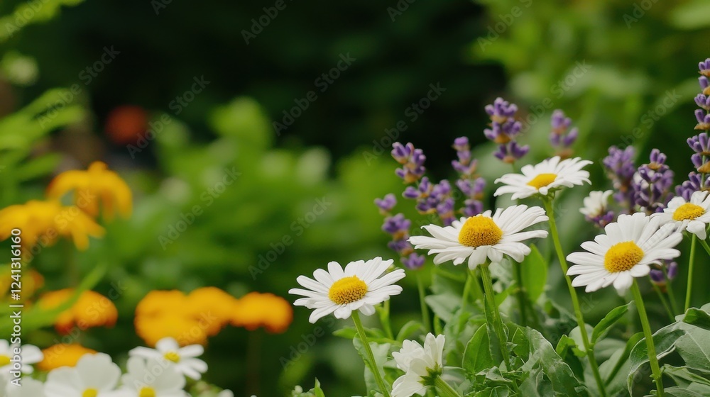 Vibrant lavender and daisies in garden nature photography close-up Vibrant lavender and daisies in garden nature photography close-up