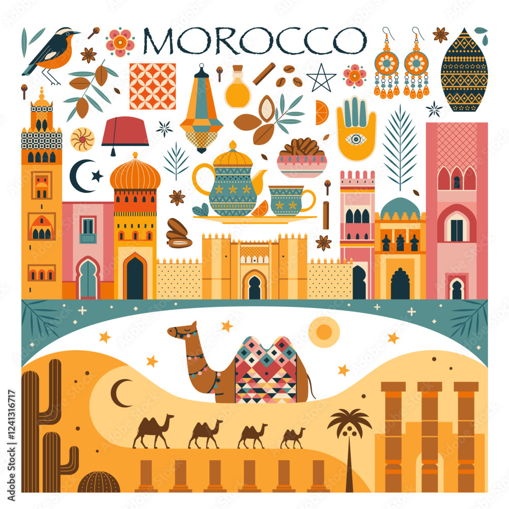 Travel Morocco Poster with Moroccan Symbols