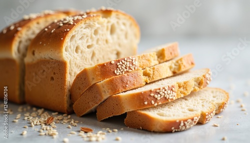 Sliced sesame bread on a grey background
