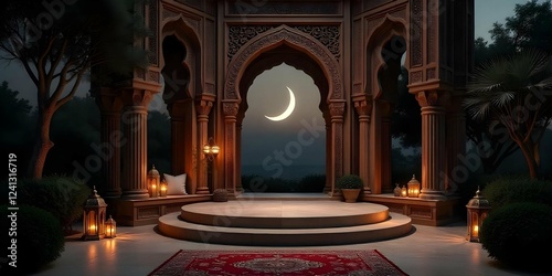A luxurious Islamic podium for Celebrations designed for Ramadan Kareem. podium with Lantern glowing with warm light, product placement podium with Lantern stage mock-up,3D Rendering.