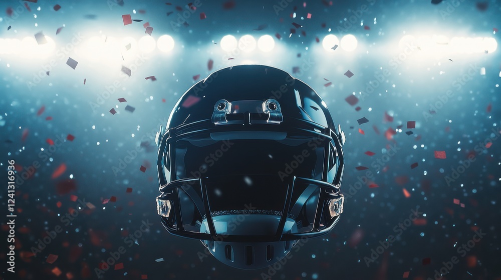 Fototapeta premium Futuristic American Football Helmet with Confetti and Spotlight Effects