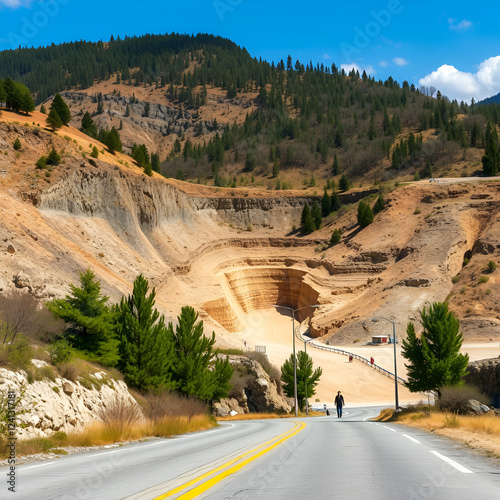 melaphyre quarry, view of the excavation, you can see the road from which the photo was taken and the surroundings, slopes and trees photo