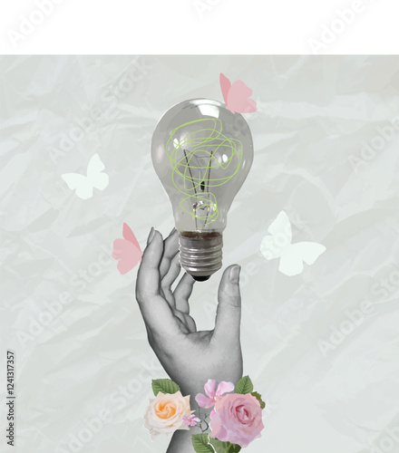 Creative collage vertical picture  collage of hands hold light bulb inside flowers bouquet butterfly for  ustainability or renewable energy to save the world from climate change or global warming, env