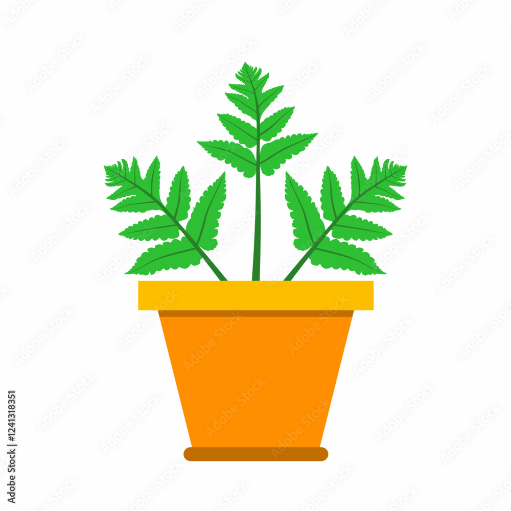 Flat design graphic vector illustration of bright green fern plant in orange pot isolated on white background. Perfect for botanical design, home decor or gardening related creative projects. Flat design graphic vector illustration of bright green fern plant in orange pot isolated on white background. Perfect for botanical design, home decor or gardening related creative projects.
