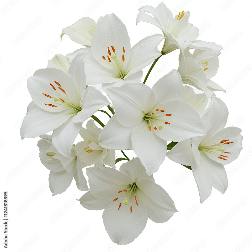 Obraz premium Close-up bouquet of white lilies, floral arrangement with orange stamens. Wedding flowers, spring flowers.