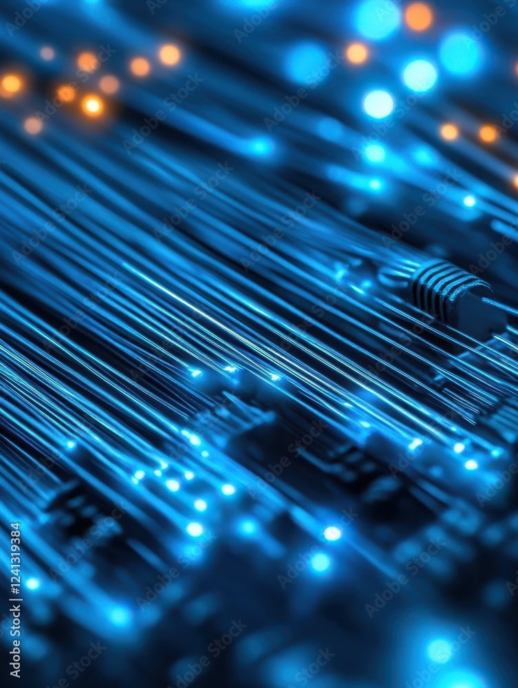Close-up of vibrant blue fiber optic cables glowing with light, representing data transmission and advanced technology.