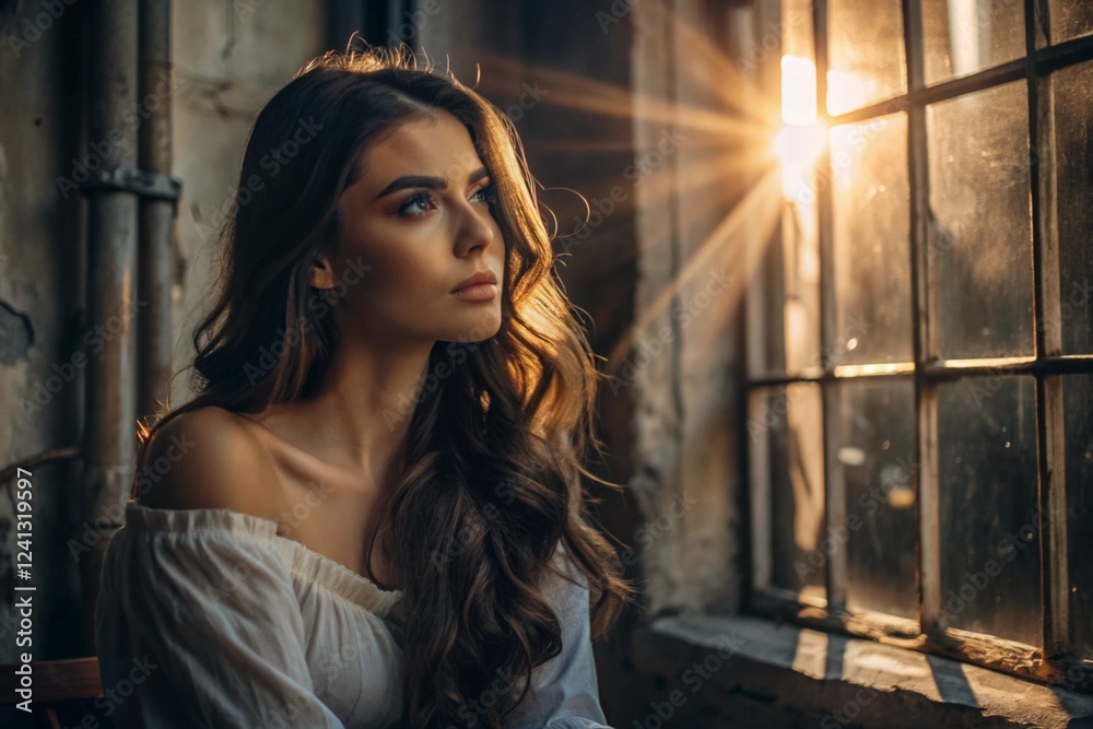 Fototapeta premium Portrait of a beautiful girl with curly hair at the window of an old house, in which the warm bright sun is shining. A romantic image. Loneliness, emptiness and waiting.