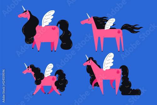 Set of cute magical pink unicorn with white wings, little heart and black hair. Horses, animal. Valentine's day. Poster, print, card. Vector illustration.