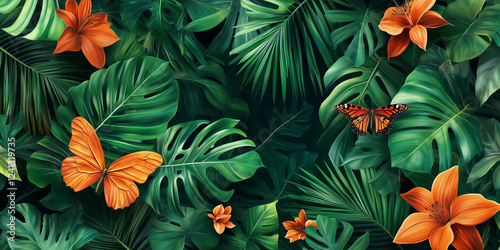 Tropical Jungle Composition with Butterflies and Orange Flowers, Top View. photo