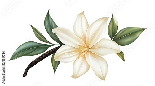 A branch of a white frangipani flower with green leaves against a white background.