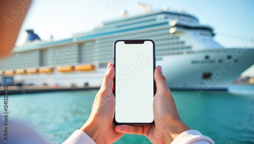 in hand a phone with a white screen on the background of a cruise ship