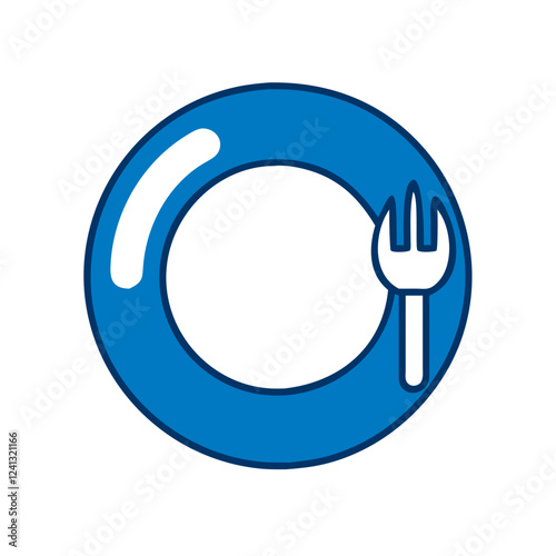 Plate and fork icon in blue outline style for dining and kitchen