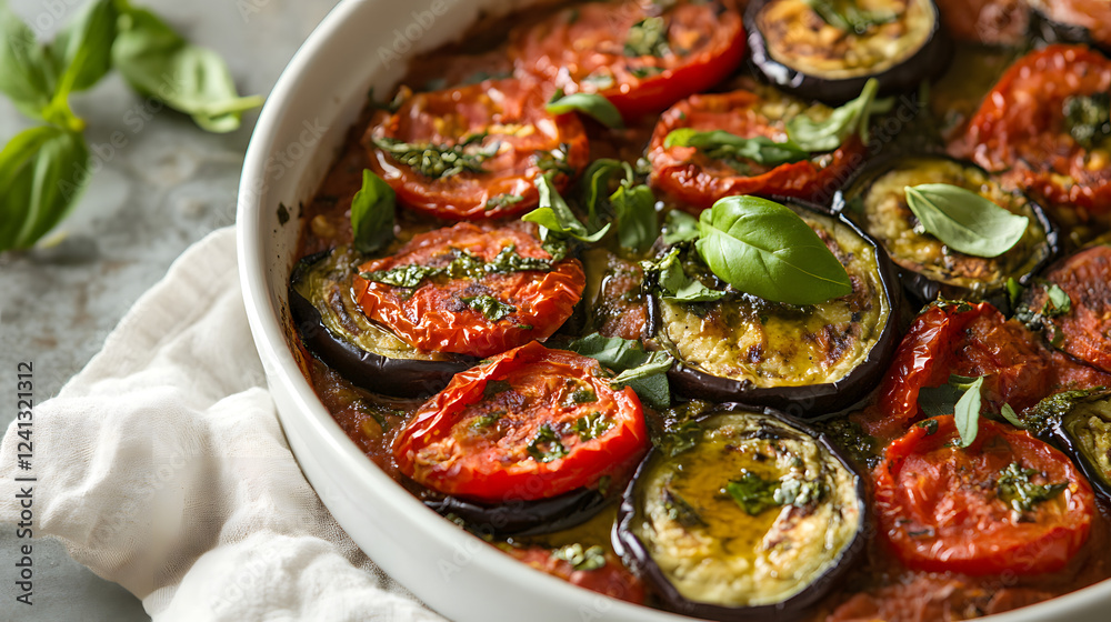 Fototapeta premium A tomato and roasted eggplant dip with olive oil and herbs.