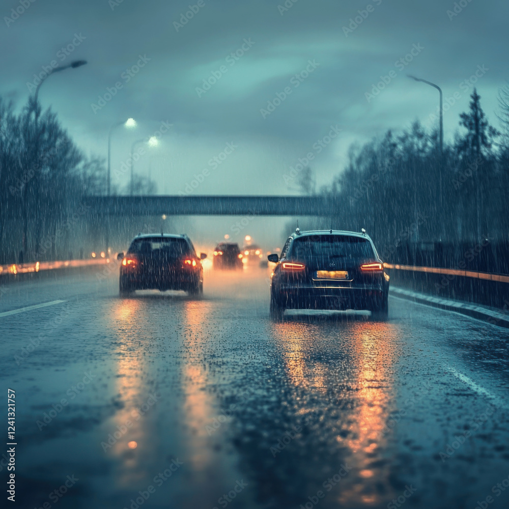 Fototapeta premium Heavy rainstorm causing low visibility on wet road with cars driving cautiously. scene captures mood of stormy evening, highlighting challenges of driving in adverse weather conditions