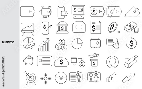 Business and Investment ,Business investment is investing a large amount of money for business profit. Set of line icons for business. Outline symbols collection. , Editable strokes.