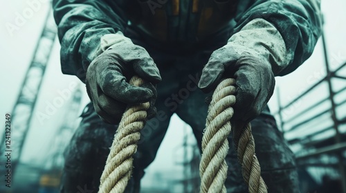 A close-up of a worker gripping thick ropes, showcasing gloves and a gritty environment, emphasizing strength and determination in a construction setting.
