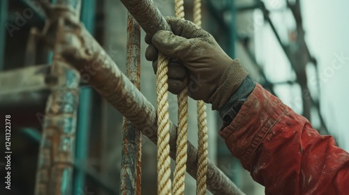 A close-up of a worker's gloved hand gripping ropes on a construction site, highlighting the texture and tools used in heavy labor.