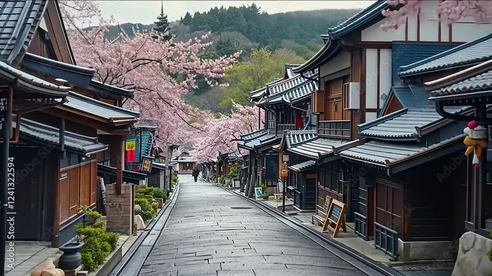 Cherry Blossom Street in Japan: A picturesque street lined with traditional Japanese houses, cherry blossoms in full bloom, creating a serene and enchanting atmosphere. Cherry Blossom Street in Japan: A picturesque street lined with traditional Japanese houses, cherry blossoms in full bloom, creating a serene and enchanting atmosphere.