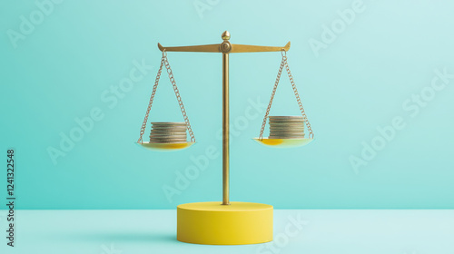 golden scale balances stacks of coins both sides, symbolizing financial equilibrium and economic stability. vibrant yellow base contrasts with serene turquoise background, creating visually