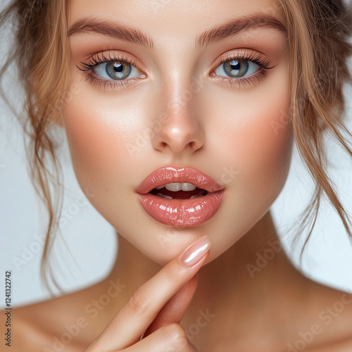 Close-up portrait of a young woman with flawless skin and natural makeup, highlighting her beautiful eyes and lips, a touch of elegance and natural beauty
