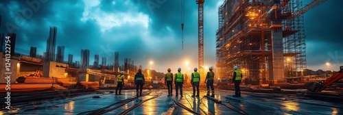 A group of construction workers stands silhouetted against a dramatic sky, surrounded by cranes and scaffolding at a construction site illuminated by lights.