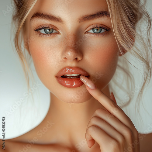 Close-up portrait of a beautiful woman with flawless skin and sparkling blue eyes, a captivating gaze, natural makeup enhancing her radiant complexion, with a soft touch to her lips.