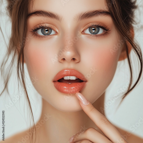 Close-up portrait of a young woman with flawless skin and natural makeup, delicate touch to her lips, exuding beauty and confidence