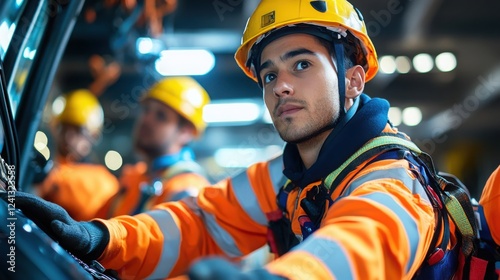 A focused worker in a safety helmet and bright orange uniform operates equipment, showcasing teamwork and industry professionalism in a well-lit environment.