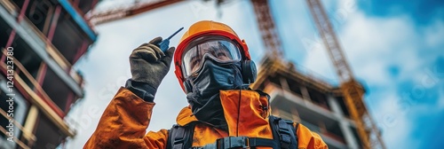 A construction worker in safety gear points upwards, emphasizing safety and communication on a bustling construction site.