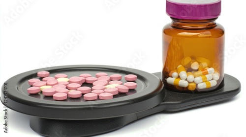 Close-up of a pharmacy scale displaying pink tablets alongside a bottle of capsules in a clinical setting photo