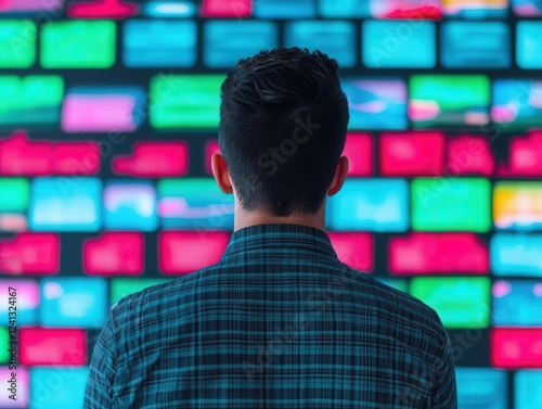 Startup founder reviewing social media engagement data on a large interactive screen