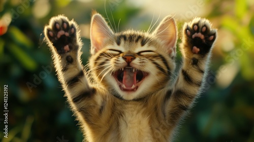 Happy laughing cat with raised paws, focus on playful expression, bright background, concept of joy, pets, and carefree moments, fun and quirky scene.
